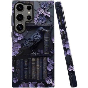 Case for Samsung Galaxy S25 Ultra,Purple Floral Crow Bookshelf Phone Case Drop Resistant Glossy 2 in 1 Solid Dual-Layer Cover for Girl Women