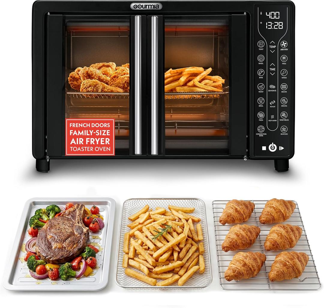 Gourmia French Door Air Fryer 25 Qt Large Capacity Convection Oven, Fryforce 360, Digital Display with 17 Cooking Presets, Bake, Toast, Roast, Dehydrate, Fits 12 Pizza