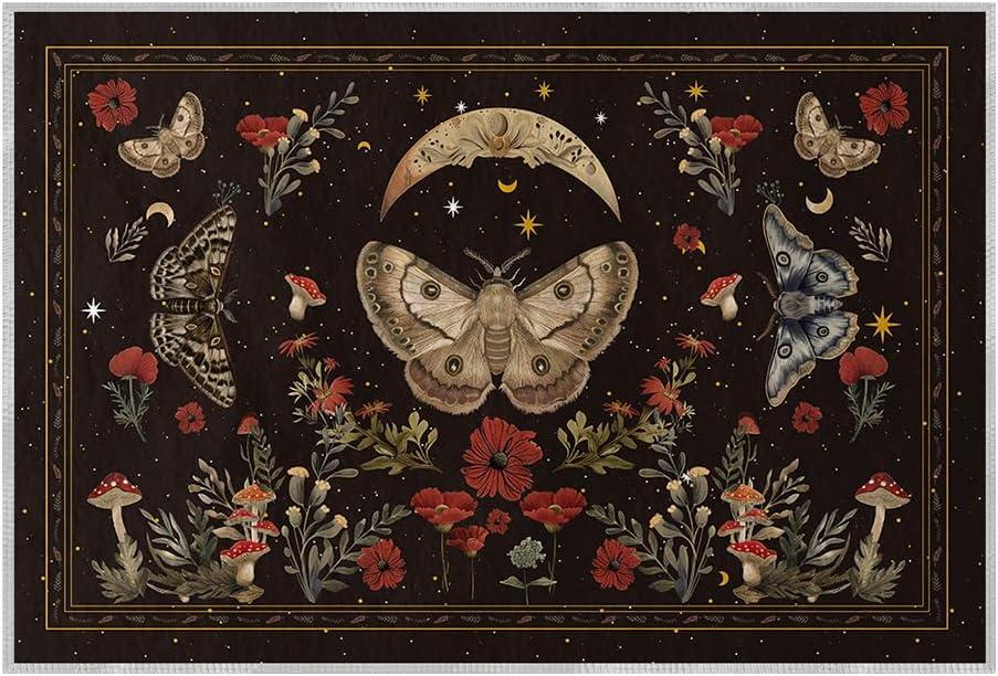 Artoid Mode Black Poppy Moth Mushroom Moon Door Mat, Fall Home Decor Low-Profile Non-Slip Washable Throw Rug for Kitchen Entryway Front Door Bedroom Bathroom Laundry Room Indoor 2x3 Feet