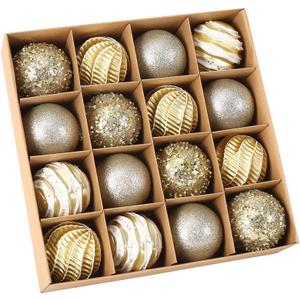 Sattiyrch 16ct Christmas Balls Ornaments Set 80mm/3.15",Shatterproof Plastic Decorative Xmas Tree Ornaments Set with Exquisite Designs (Golden)