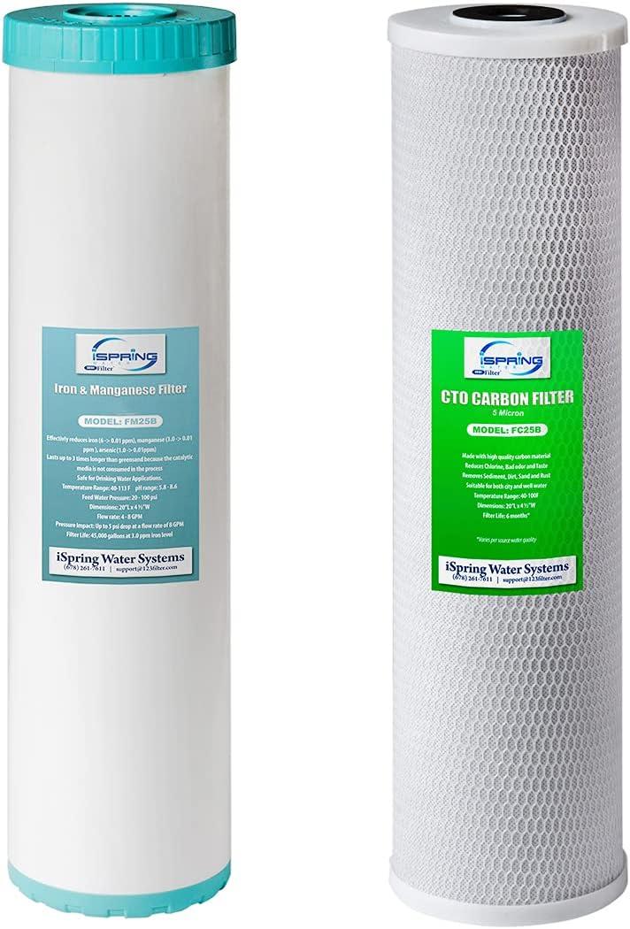 iSpring F2WGB22BM 4.5 x 20 2-Stage Whole House Water Filter Set Replacement Pack with CTO Carbon Block and Iron & Manganese Reducing Cartridges, Fits WGB22BM, white