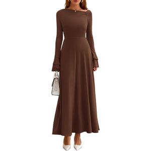 PRETTYGARDEN Womens Dresses Formal Off The Shoulder Long Sleeve Ruched Knit A-Line Maxi Wedding Guest Dress Fall Clothes (Brown) Small