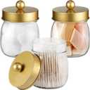SheeChung 3 Pack Qtip Holder Bathroom Jar Set, Apothecary Mason Jar for Bathroom Vanity Home Storage Organizer, Qtip Dispenser for Cotton Swabs, Floss Picks, Farmhouse/Home Decor (Gold)