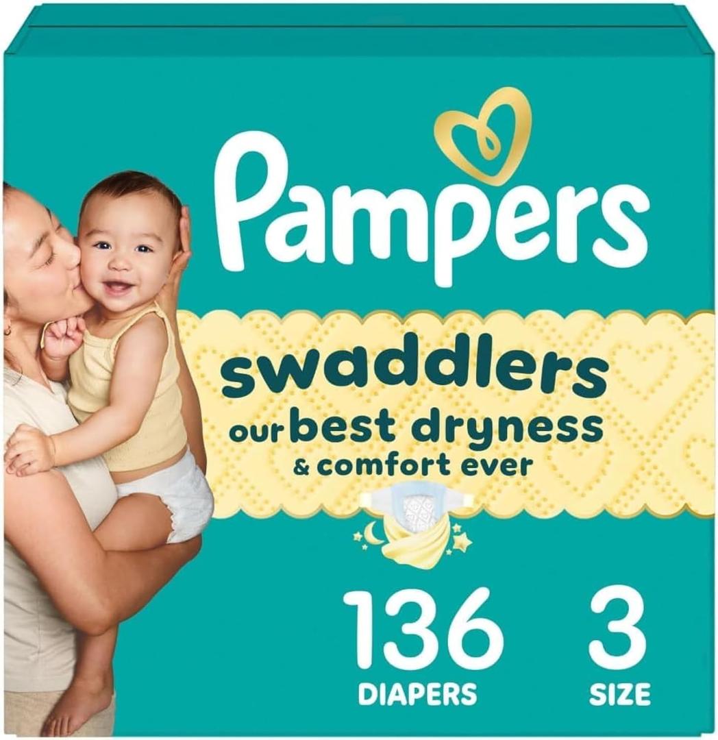 Pampers Swaddlers Diapers, Size 3 (13-26 lbs), 136 Count, Absorbent, Keeps Baby Dry and Comfortable, Skin Safe Disposable Baby Diaper  