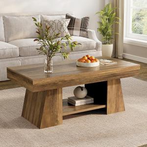 Tohomeor Coffee Table, 47.24" Farmhouse Wooden Rectangular Accent Center Tables with Storage Shelf Thick Base for Living Room, Home Office, Retro Brown, 23.62"D x 47.24"W x 19.69"H