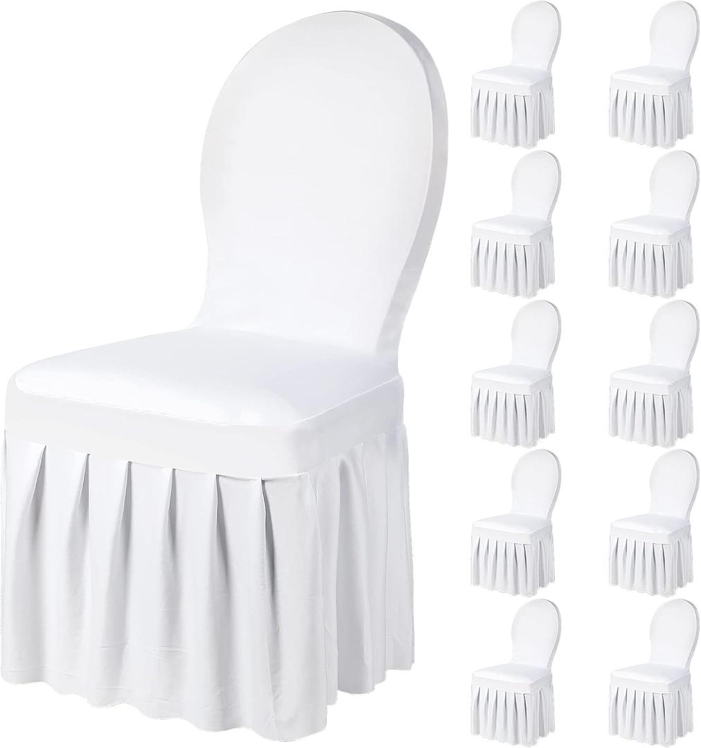 Oudain 10 Pcs White Chair Covers with Skirt Spandex Chair Slip Covers Wedding Long Stretch Protectors Removable and Washable for Dining Chairs Hotel and Wedding Ceremony