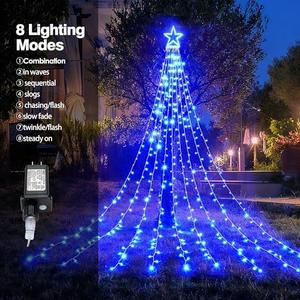 BlcTec Outdoor Christmas Decorations 317 LEDs Christmas Lights with 9 Strands 11.9ft Waterfall Christmas Tree Lights, 8 Modes, UL Certified, Waterproof, Topper Star & Timer for Yard Patio Dcor, Blue