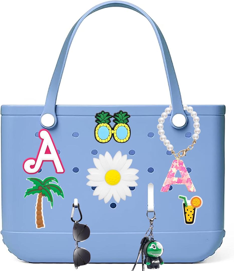 9pcs Bogg Bag Letter Charms Accessories - Insert Letter Accessories Decorative with Beach Tote Handbag, DIY Flowers Beach Pattern Decoration with Bogg Bag for Women Girls