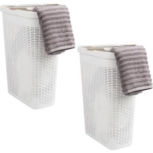 Mind Reader Slim Laundry Hamper with Lid, 40L Clothes Basket, Narrow Tapered Design with Ventilated Cutout Pattern, Plastic, Set of 2, White