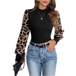 MakeMeChic Women's Leopard Print Long Sleeve Mock Neck Slim Fit Blouse Casual Shirt Tops (Black)