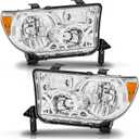 Headlight Assembly Pair for 2007-2013 Toyota Tundra (with/without Level Adjuster)/2008-2017 Toyota Sequoia Headlamps Head Lights Replacement Driver and Passenger Side,Chrome Housing Amber Reflector