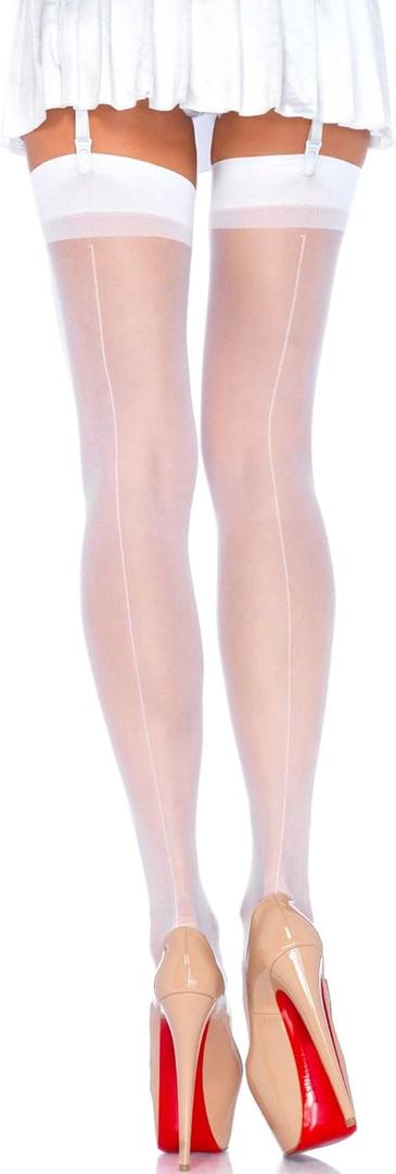 Leg Avenue Women's Sheer Lace Top Thigh High Stockings with Backseam (White)