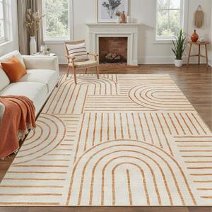 DCX Beige Machine Washable 6x9 Area Rug, Midcentury Modern Non Slip Stain Resistant Rug 6x9 for Living Room, Playroom, Dining Room, Soft 0.25" Low Pile Large Carpet (Orange)