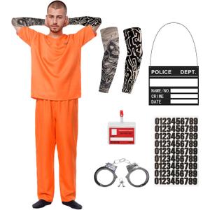 Prisoner Costume Men, Orange Inmate Outfits Jail Costume Men with Handcuffs, Halloween Costume Adult (X-Large, Style B)