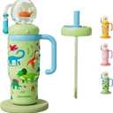 Stainless Steel Whale Fountain Tumbler with Handle, Drinking Cup with Whale Squirt, 24oz Whale Water Bottle Two Silicone Soft Tip, Leak-Proof Whale Fountain Tumbler for Kids Teens Adults (B-Green)