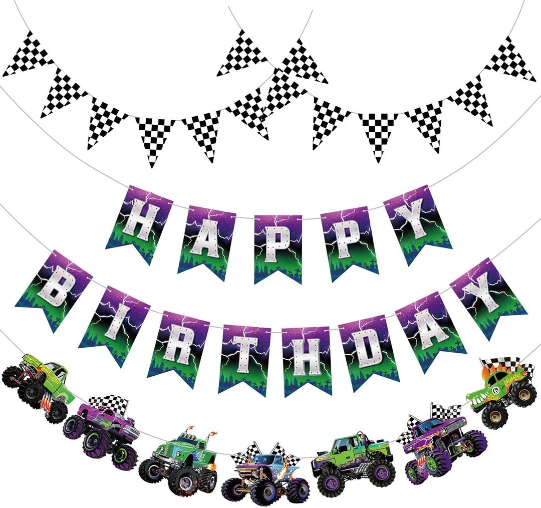 Pasimy 4 Pcs Monster Truck Birthday Banner Cars Truck Garland Black and White Checkered Flags Pennants Green Purple Happy Birthday Bunting Racing Car Theme Party Decorations Supplies
