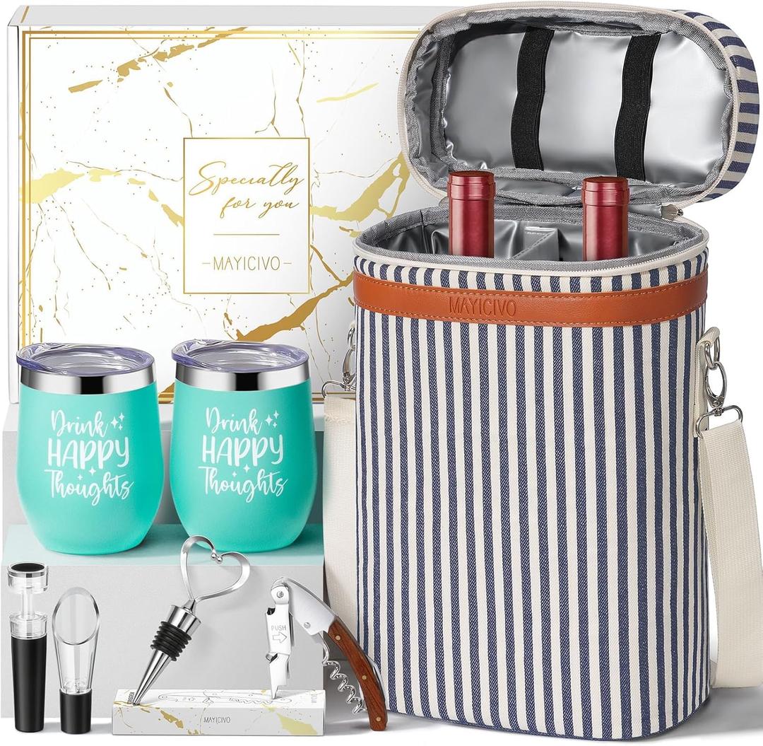Birthday Gifts for Women Men - Mothers Day Wine Gift Baskets For Woman Mom, Her, Women, Friend, Wine Lovers, Self Care Package, Insulated Wines Tote Bag Carrier w/ Tumblers & Wines Accessories Set