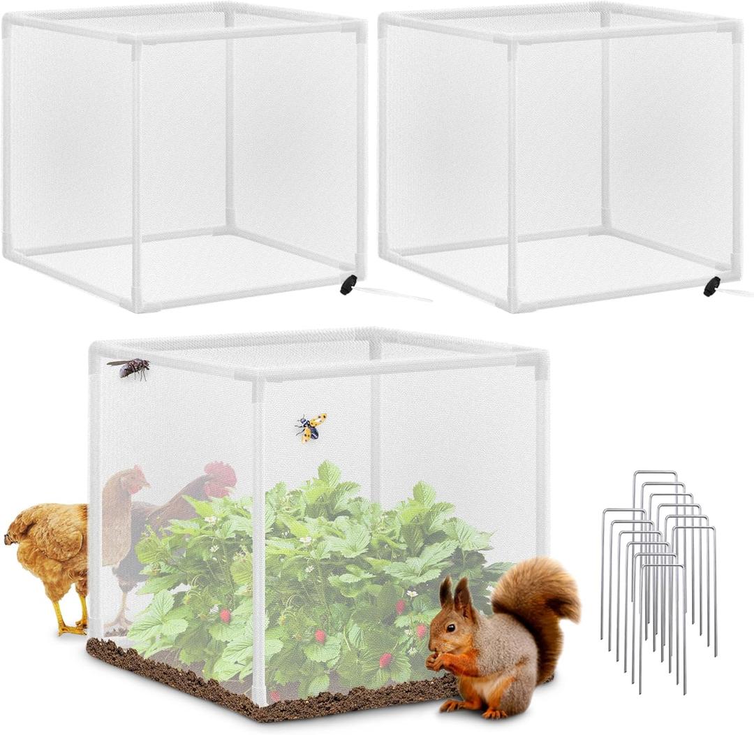 3 Pack Plant Protectors from Animals, 13.8" X 13.8" Detachable Plant Cages for Outdoor Plants with Netting, Square Plant Cages to Keep Animals Out with Ground Stakes (White)