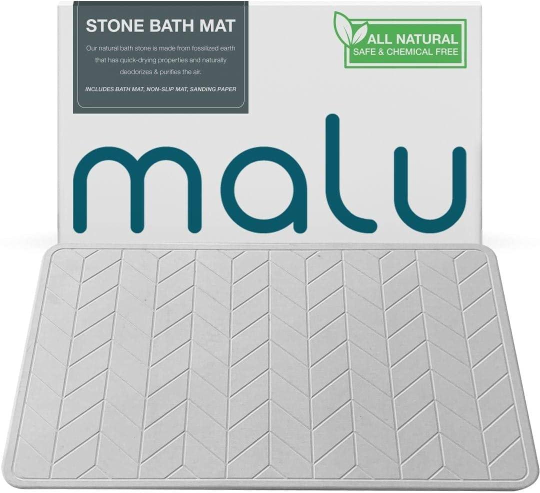 malu Diatomaceous Earth Bath Mat - Fast-Drying Water-Absorbent Stone Wide 23.6 X 15.4 inches Non-Slip Stone Mats for Bathroom Shower Floor - Diatomite Bath Mat with Herringbone Design (Grey)