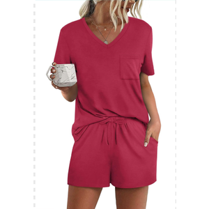 RUBZOOF Women's Short Sleeve Pajama Sets with Pockets Casual V Neck 2 Piece Lounge Sets Size Small, Pink