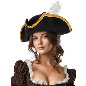 Ibeauti Pirate Hat for Women Men Colonial Tricorn Hat Halloween Pirate Costume Accessories (Black Feather)