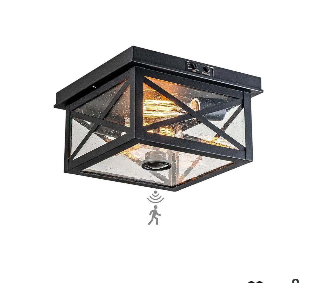 Outdoor Ceiling Light with Motion Sensor, Black Flush Mount Farm House Porch Light Ceiling Mount, Adjustable Sensor 2-Light Close to Ceiling Light Fixture for Patio, Porch, Garage