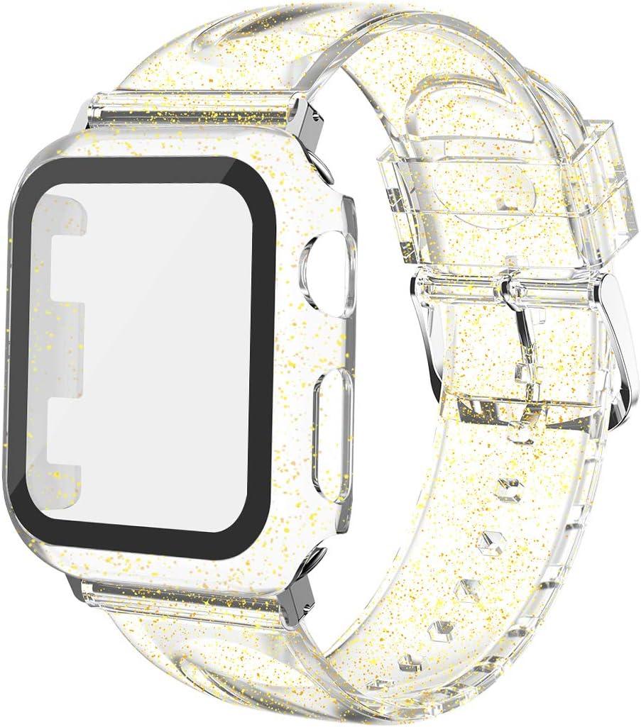 Wolait Compatible for Apple Watch Band with Glass Screen Protector 38mm 40mm 41mm 42mm 44mm 45mm, Clear Glitter Soft Band with Case for iWatch SE Series 8 7 6 5 4 3 2 1 Women