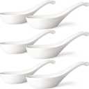 Wareland Asian Soup Spoons Set of 6, Ceramic Chinese Soup Spoons 7 Inch Japanese Spoon for Ramen Pho Dumpling Miso Wonton Noodles | Long Handle Flat Bottom Deep Oval Hook Design | White