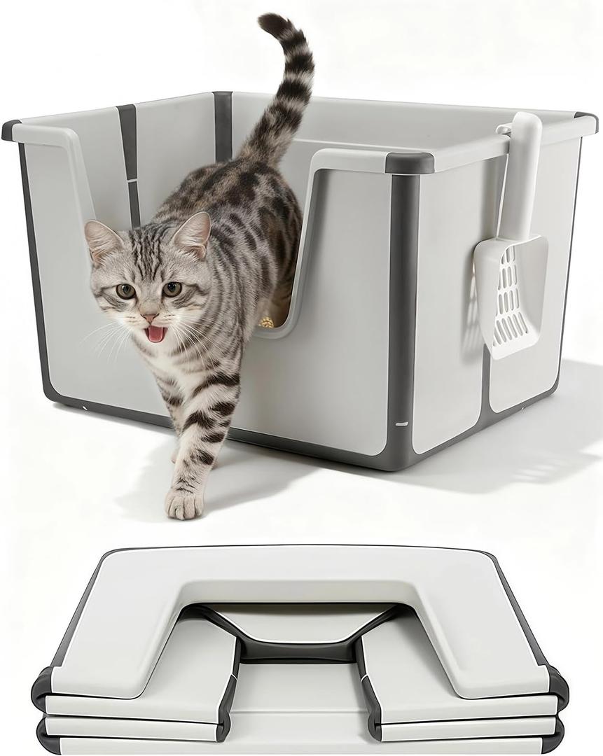 Portable Cat Litter Box for Kitty & Adult Cats (16x20x12), Durable Travel Litter Box for Cat with PP Material Anti-Slip for Indoor & Outdoor, High Side, Open Top, Includes Scoop (L/Grey)