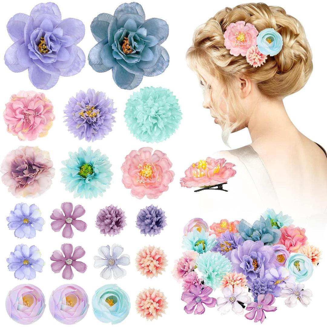 BBTO 21 Pcs Flower Hair Clip Rose Hair Clips Barrettes for Women Flower Accessories Boho Bride Claw Clip Hairpin Brooch Pin Headpiece for Wedding (Blue,Purple)