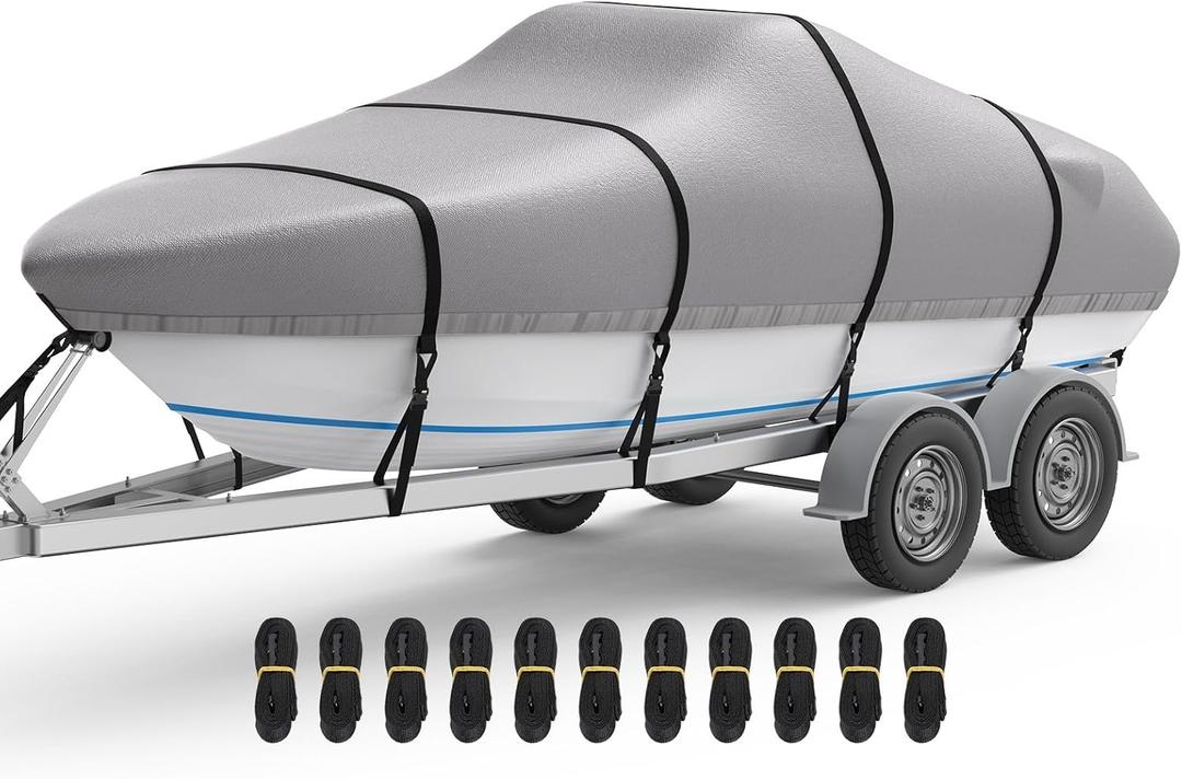 RVMasking Boat Cover, Ultra-Thick 1400D Polyester Canvas with Double PU Waterproof Coating, Fits 17-19ft Tri-Hull, V-Hull, Runabout, Fish & Ski Boat, Bass Boat, Gray (17'-19' Long, Beam Width to 96")