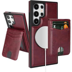 SkyEagle Compatible with Magsafe 2 in 1 Detachable Samsung Galaxy S25 Ultra Wallet Case with Card Holder,Women Men Magnetic PU Leather RFID Blocking Flip Kickstand Credit Slots,Wine Red