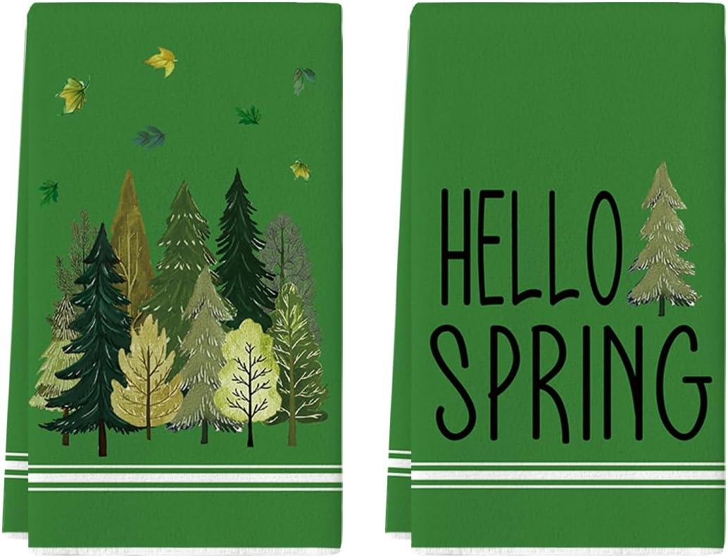 2 x Artoid Mode Green Leaves Pine Tree Hello Spring Kitchen Towels Dish Towels, 18x26 Inch Farmhouse Summer Decoration Cleaning Set of 2