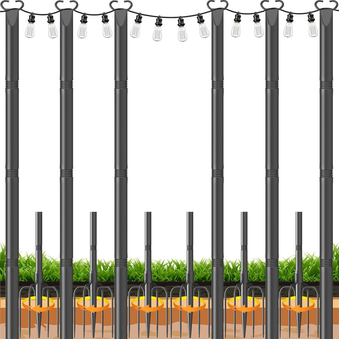 10Ft String Light Poles 6 Pack,Poles for Outdoor String Lights with Fork and Fence Clamp,Hanging Lights Metal Stand Post for Deck Patio Backyard Garden Decorations