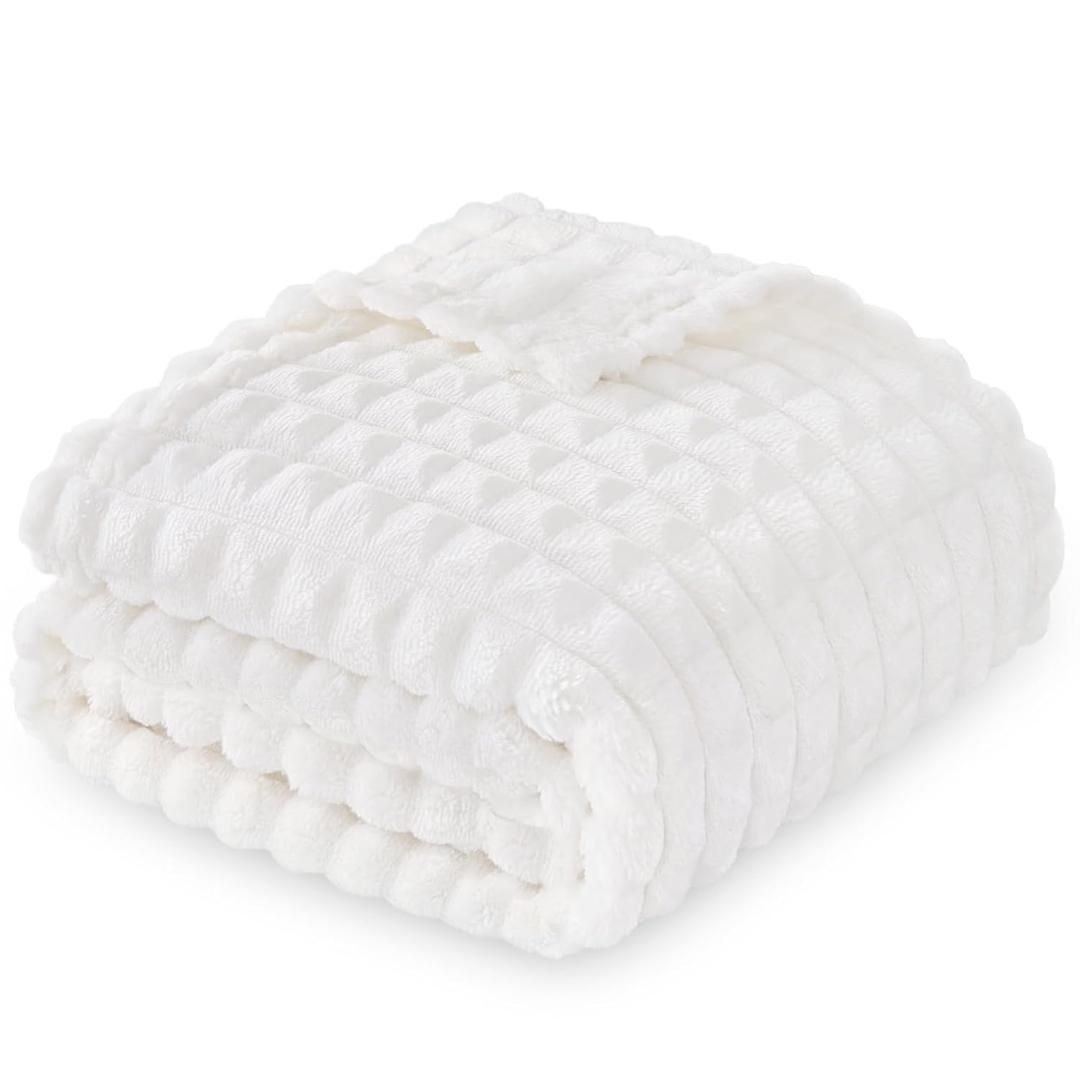 Luxury 3D Jacquard Baby Blanket, Flannel Fleece Nursery Blanket with Grid Pattern, 30 x 40 Inch Soft Throw for Infants & Toddlers (Ivory Cream) (Cream White)