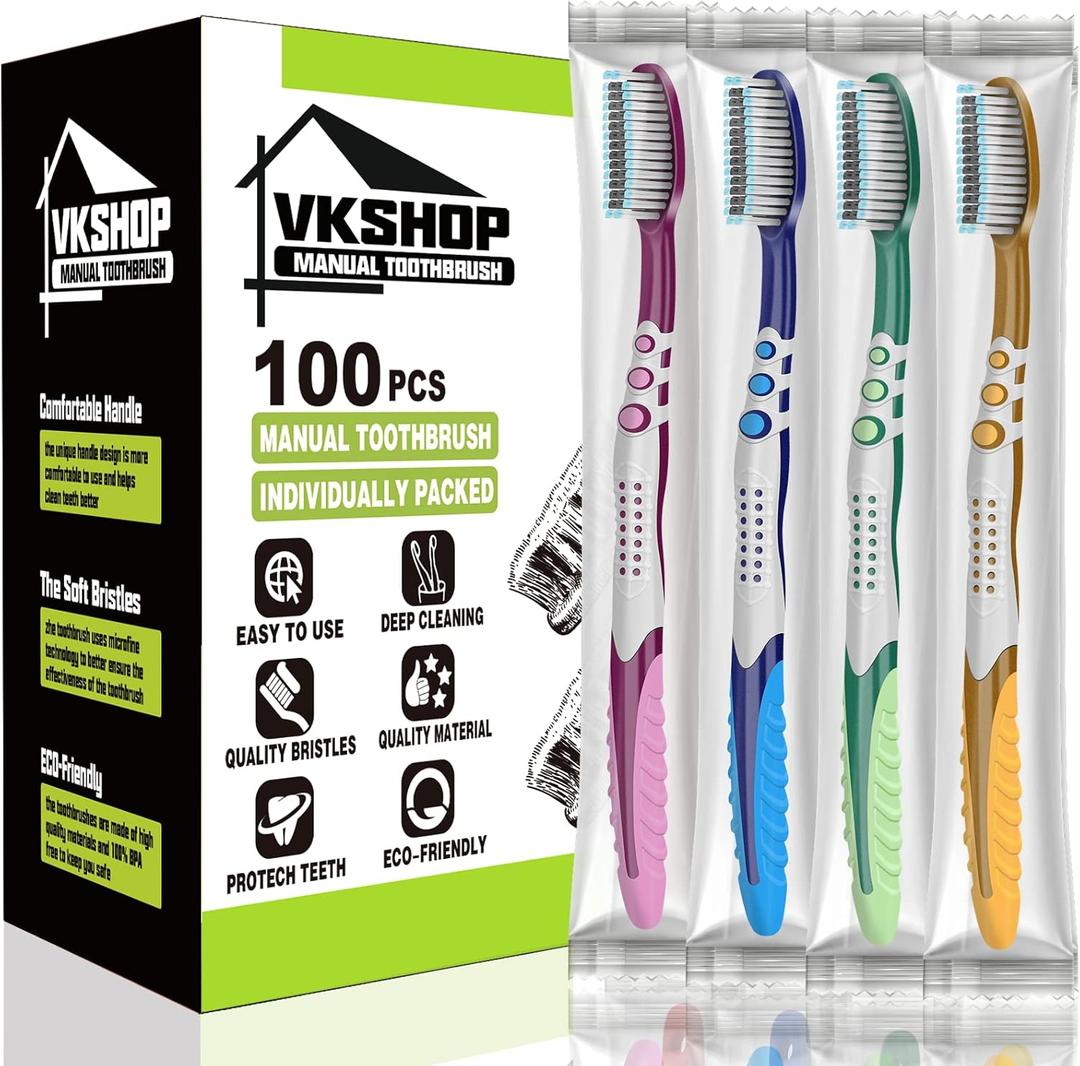 100 Bulk Travel Toothbrushes, Portable Individually Wrapped Toothbrush for Adult Children, Disposable Soft Bristle Manual Toothbrush Set (4 Colors)