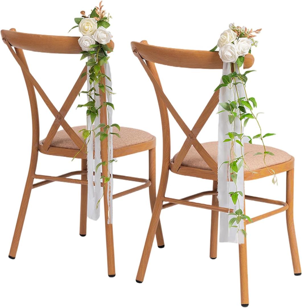 Wedding Chair Decorations Aisle Floral Set of 10 Artificial Flowers Ivory White Rose Garland with Hanging Ribbons for Ceremony Reception Church Arrangement Party Pew Decor