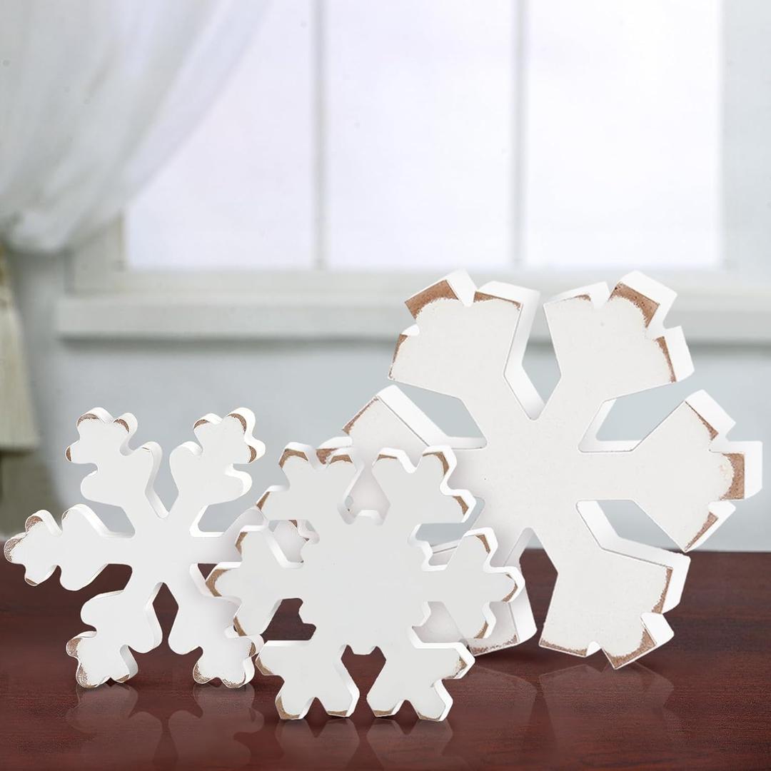 Bucherry 3 Pcs Winter Wooden Snowflake Decor Rustic Winter Snowflake Table Signs Wonderland Wood Blocks Farmhouse Christmas Tiered Tray Decorations for Xmas Table Shelf(Retro White)