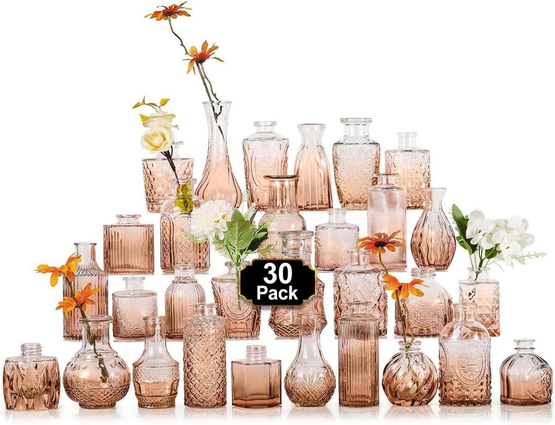 Arme Glass Bud Vase Set,30Pcs Small Glass Vase for Flowers, Clear Bud Vase in BulkMini Single Vintage Vase for CenterpieceVases Bulk for Rustic Wedding DecorHome Table Flower Dcor(Amber)