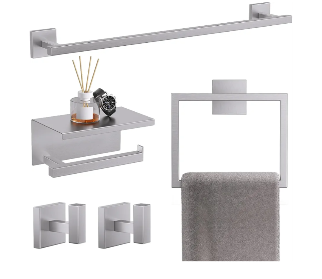 TQKAG 5-Pieces Brushed Nickel Bathroom Hardware Accessories Set 23.6" SUS304 Stainless Steel Towel Bar Set Wall Mounted Square Toilet Paper Holder with Shelf