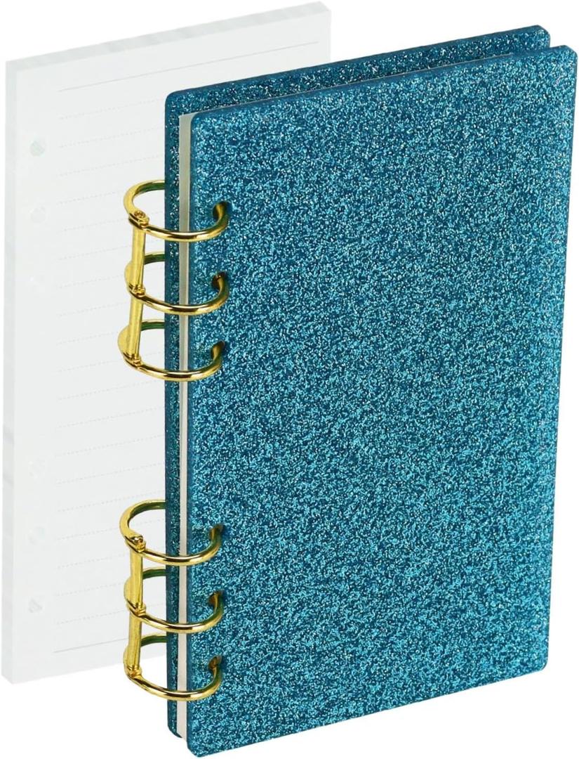 Koqye A6 Acrylic 6-Ring Binder Notebook, Blue Glitter Loose Leaf Personal Planner Budget Binder 90 Sheets Lined Refills Paper, Lay Flat Design, Gold Metal Round Ring for Student Refillable Travel Office Supplies