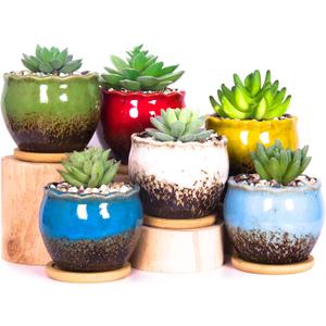 ARTKETTY Succulent Pots - 4 Inch Ceramic Succulent Planters with Drainage Tray Set of 4, Small Cactus Pots for Indoor Plants Colorful Flower Plant Pots for Desk Windowsill (Blue/Green/Red/White/Yellow/Light Blue)