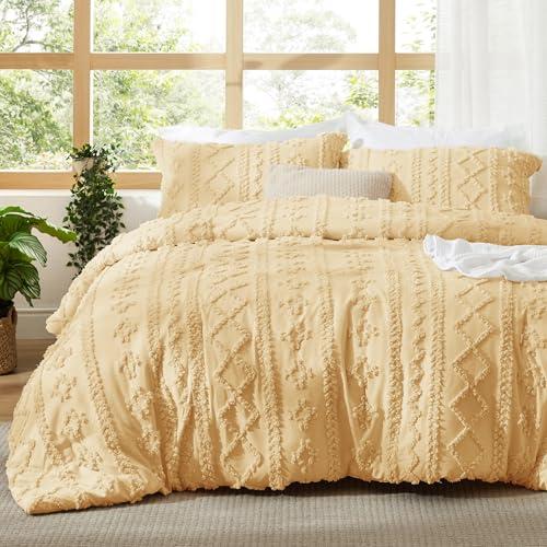 Bedsure Tufted Boho Comforter Queen Size - Yellow Boho Bed Set, GentleSoft™ 3 Farmhouse Shabby Chic Embroidery Bedding, Gifts for Woman, Soft Jacquard Queen Comforter for All Seasons