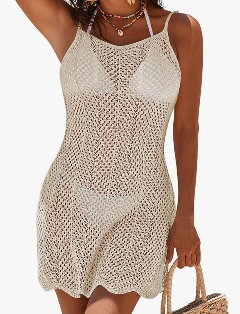 Pink Queen Women Swimsuit Crochet Swim Cover Up Summer Bathing Suit Swimwear Mesh Knit Beach Dress (XL, Beige)