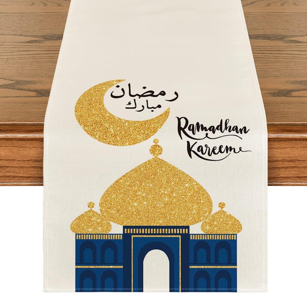 Artoid Mode Ramadan Table Runner, Seasonal Bling Bling Moon and Star Holiday Kitchen Dining Table Runners for Home Party Decor 13 x 108 Inch (Yellow)