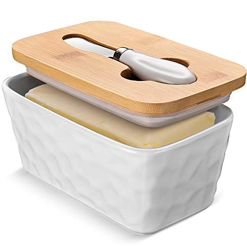 Butter Dish with Lid: Large Butter Dish for Countertop - Ceramic Butter Container with Knife Double Silicone Seal - Unique Stone Butter Dishes with Covers for Farmhouse Kitchen Decor Home Decor White,Missing 1 Pcs