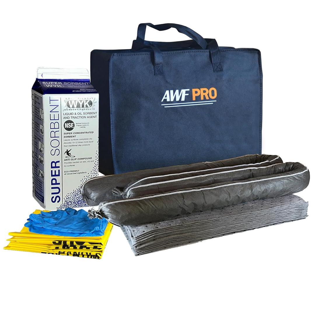 AWF PRO Compact Spill Kit, 25-Piece Universal Spill Response Kit with Absorbent Pads, Socks, Sorbent, Gloves & Disposal Bags for Trucks, Vehicles & Facilities