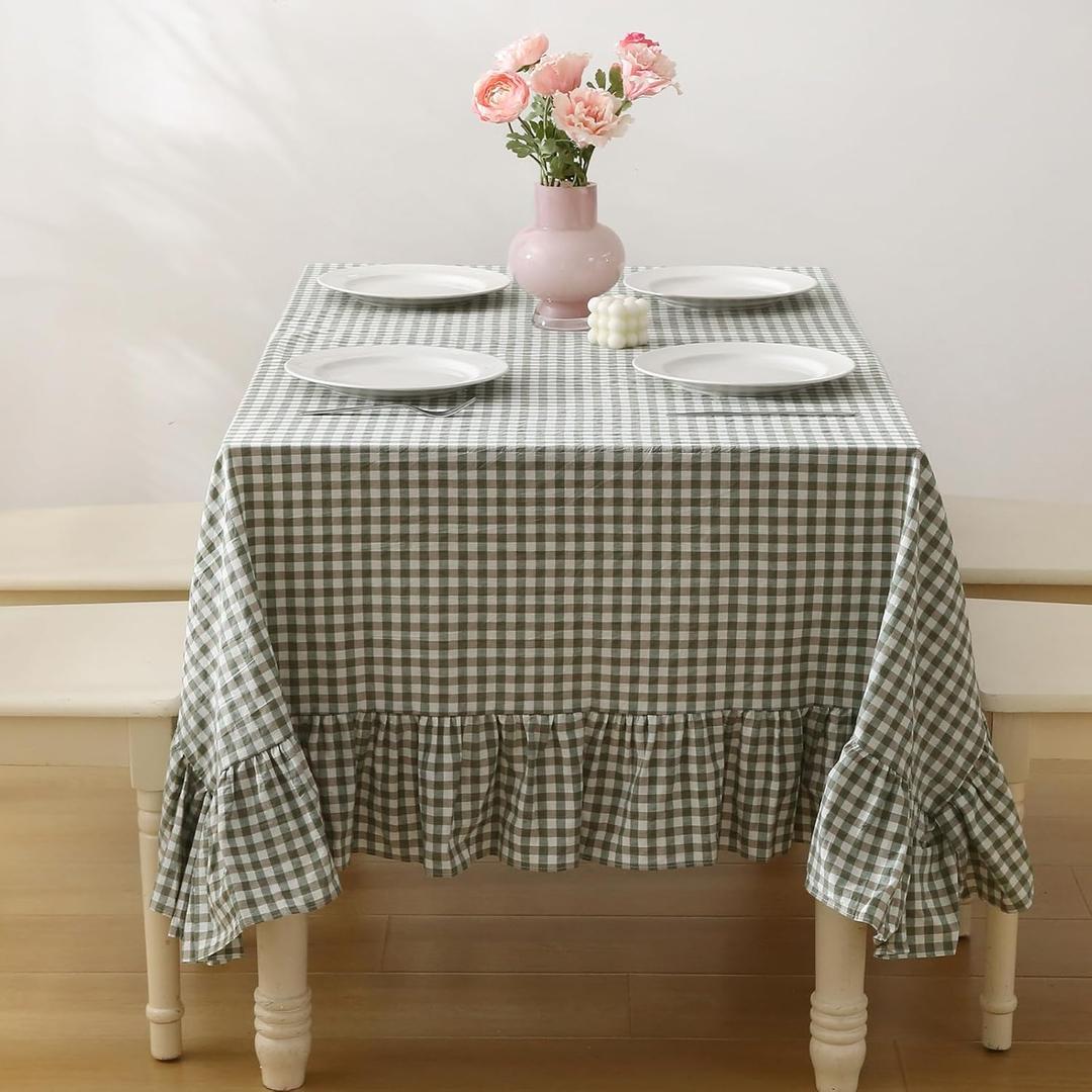 Sage Green Plaid Ruffled Long Table Cloth Rectangular Fits 8-10 Seater Table, 100% Washed Cotton Buffet Cottage Coquette Checker Gingham Vintage Decorative Tablecloth - 120"x60", 
