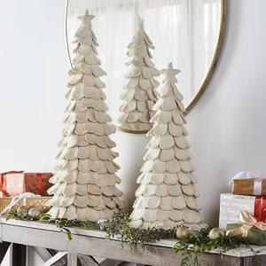 Handmade Pair of Tabletop Christmas Trees in Cream - 36" and 26" Tall, Hand Felted Wool