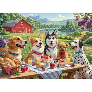 Puzzles for Adults 1000 Pieces - Dog-Themed Colorful Jigsaw Puzzles, Fun Family Game, Challenging Brain Teaser, 28 x 20 in, Great Gift Idea & Home Decor (Puppy Picnic)